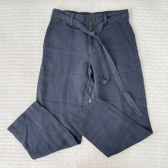 Cynthia Rowley High Rise Tie Waist Straight Leg Linen Ankle Pants Navy Blue 8 - Picture 1 of 6